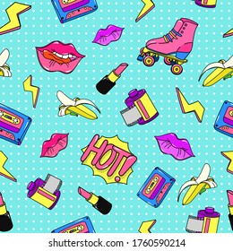 Style 90s pop pattern seamless. Retro color music cassette bright lipstick red reel photographic film stylish lightning clipart roller skates vector design 80s and 90s brightly painted hot lips.