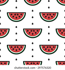 Style abstract geometric background. Cute seamless pattern with watermelon slices. Vector illustration. Simple ornament with contour melon.