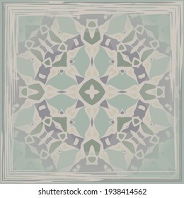 Style abstract geometric mandala pattern in gray green black for textiles, pillows, interior decoration. Scarf design. Frame.