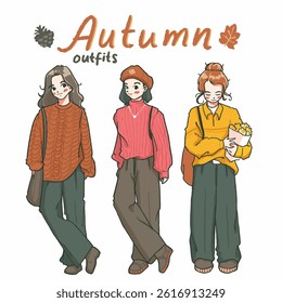 Style of autumn outfits set characters clothes flat vector illustration isolated on white background