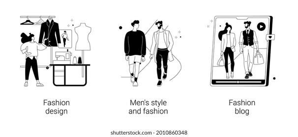 Conjunto de ilustraciones vectoriales abstractas de expertos en estilo y belleza. Diseño de moda, estilo masculino, blog de moda, compras, tendencias de belleza, ropa informal, metáfora abstracta de promoción de marca.