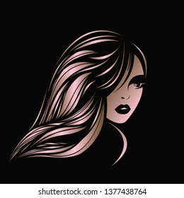 Style, beauty and hair salon illustration.Beautiful woman with long, wavy hair and elegant makeup.Style,cosmetics, spa and aesthetics logo isolated on dark background.Cosmetics icon.