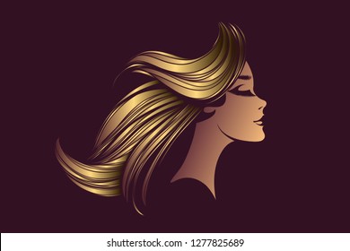 Style, beauty and hair salon vector illustration.Beautiful woman with long, wavy, blond hair, closed eyes and long eyelashes.