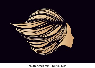 Style, beauty and hair salon vector logo.Beautiful woman portrait with long, wavy hairstyle in shiny golden color isolated on dark background.Cosmetics, wellness and spa icon.