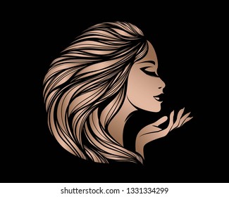 Style, beauty, nail art and hair salon vector logo.Beautiful woman portrait with long, wavy hairstyle, elegant makeup and manicure isolated on dark background.Cosmetics, wellness and spa icon.