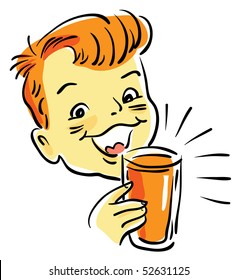 style boy 1950s drink little funny boy with a glass of orange juice style boy 1950s drink little kid child smile glass small orange holding healthy juice tiny size youth extract styled infancy grinnin