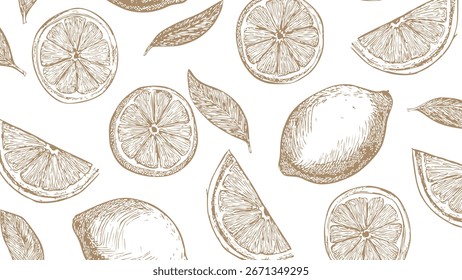 Estilo padrão marrom no fundo branco, papel de parede de comida. Desenho vintage corte limão esboço padrão. 