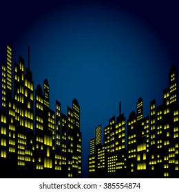 Style Cartoon Night City Skyline Background.