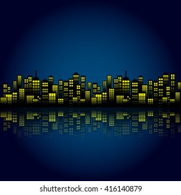 Style Cartoon Night City Skyline Background.