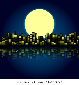 Style Cartoon Night City Skyline Background.