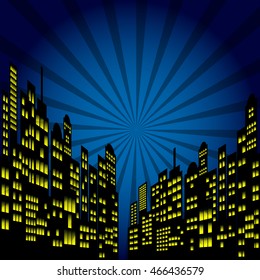 Style Cartoon Night City Skyline Background.