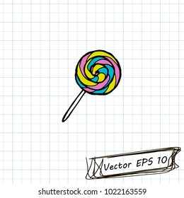 Style of children's drawing. Doodle drawing on a sheet of notebook. Candy on stick