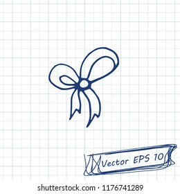 Style of children's drawing. Doodle drawing on a sheet of notebook. Gift bow. Contour