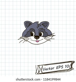 Style of children's drawing. Doodle drawing on a sheet of notebook. Raccoon