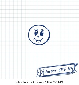 Style of children's drawing. Doodle drawing on a sheet of notebook. Smiley. Contour