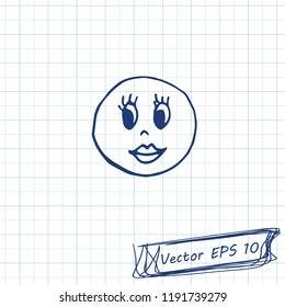 Style of children's drawing. Doodle drawing on a sheet of notebook. Smiley with lips. Contour