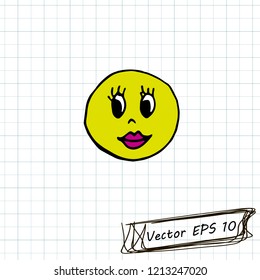 Style of children's drawing. Doodle drawing on a sheet of notebook. Smiley with lips