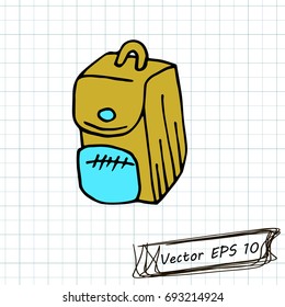 Style of children's drawing. Doodle drawing on a sheet of notebook. Backpack