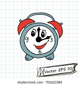 Style of children's drawing. Doodle drawing on a sheet of notebook. Alarm clock