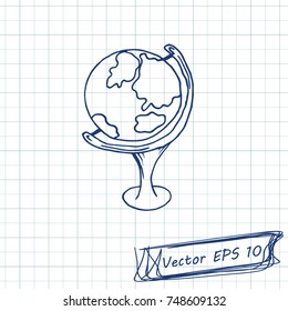 Style of children's drawing. Doodle drawing on a sheet of notebook. globe. Contour