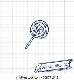 Style of children's drawing. Doodle drawing on a sheet of notebook. Candy on stick. Contour