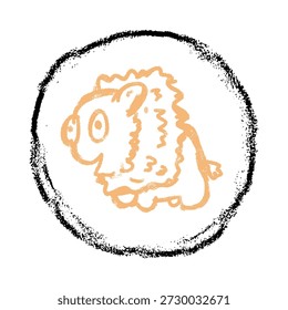 Style "children's hand drawing" multi-colored rooster in profile. Sticker animal to children