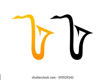 Style Comic Logo of Sax. Vector Illustration of Saxophone Silhouette - main musical instrument of Jazz Music. Flat Signs in golden and black colors isolated on white background.