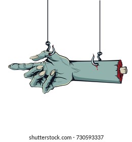 style of a comic Zombie hand hanging on hooks