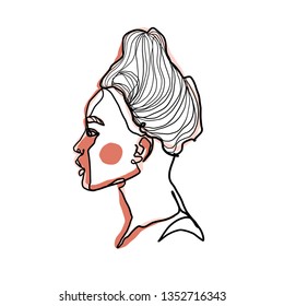 Style continuous line portrait of a woman or girl face. Minimalism graphic contemporary drawing. Isolated art on white background  