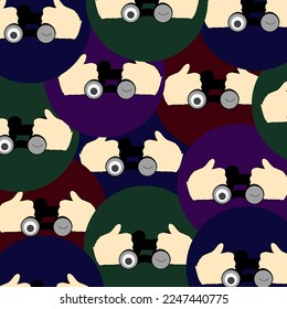 Style creative background with binoculars in hand in the colored ball. Detective Agency concept. Website banner in surrealism style. Backdrop in japanese and chinese style.