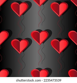 Style cut out paper red hearts on black background with shadows. Air ballon in heart shape. Valentines day concept, marketing material, advertising banner, website backdrop.
