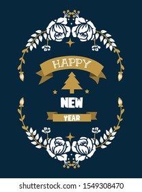 Style decor of banner happy new year, with ornate art of white leafy flower frame. Vector