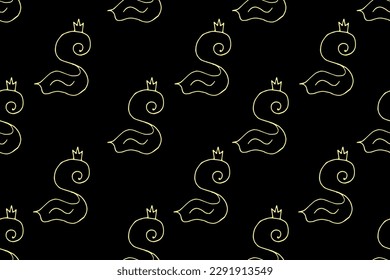 Style Doodle seamless pattern with outline Swan on black background. Endless ornament with simple hand drawn Swan with crown. Children bed linen and textile print. Vector illustration. 