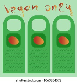 ?artoon style door poster with hand drawn words vegan only and mango at the light green background