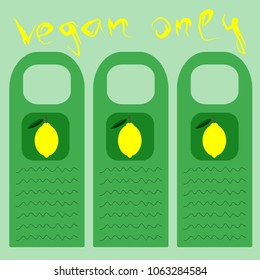 ?artoon style door poster with hand drawn words vegan only and lemon at the light green background