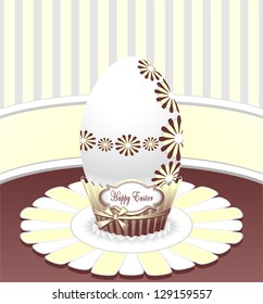 Style  Easter Egg  in yellow color with drawing flowers bow and label or creative post card