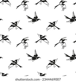 Estilo interminable con pájaros. Magpie. Fondo blanco, línea negra de dibujo.
