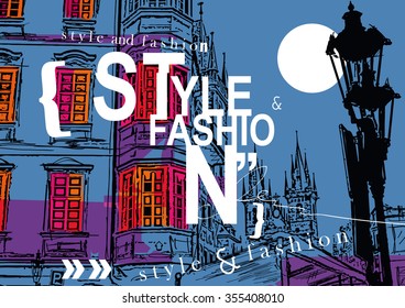 STYLE and FASHION word cloud concept at a background of Prague. Vector illustration