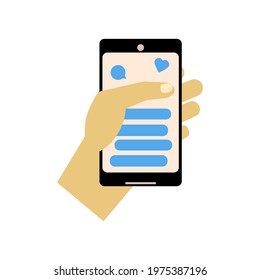 Style flat icon. A  hand with smartphone. Vector illustration Left palm on a white background. Design element.