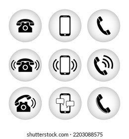 Style is flat rounded symbol, gray and black color, on white background. Chat text messages online notices via cell phone and phone call vector. icon set