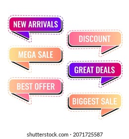Style flat sale and discount banner design. New Arrivals, Discount, Mega Sale, Great Deals, Best Offer, Biggest Sale. Web button, modern design. Icons