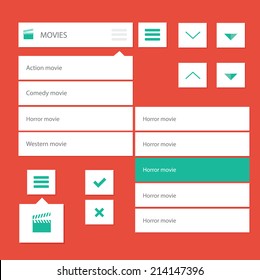 Style Flat Ui Kit Design Menu Bar For Movie Web Design With Drop Down Menu And Icons / Flat Ui Kit Design Menu Bar For Movie Website
