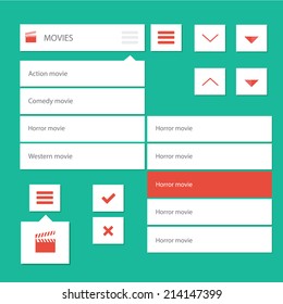 Style Flat Ui Kit Design Menu Bar For Movie Web Design With Drop Down Menu And Icons / Flat Ui Kit Design Menu Bar For Movie Website