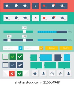 Style flat ui kit design elements for web design. Flat icons with menu, turn on and turn off button, progress bars, input and menu bar, bubble icon.
