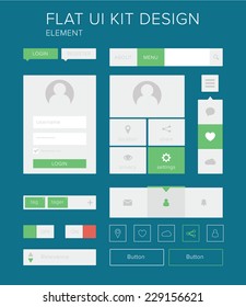 Style flat ui kit design elements for web design with login menu. Flat icons with menu, turn on and turn off button, user menu. / Flat ui kit design elements set for webdesign