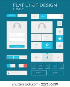 Style flat ui kit design elements for web design with login menu. Flat icons with menu, turn on and turn off button, user menu. / Flat ui kit design elements set for webdesign