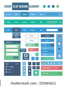 Style flat ui kit design elements for web design with drop down menu. Flat icons with menu, turn on and turn off button, chat box, input and menu bar. Every element for webdesign.