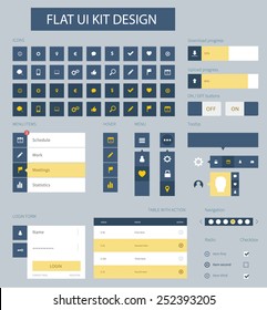 Style flat ui kit design elements for web design with cool menu. Flat icons login, iu kit, chat box, input and menu bar. Every element for webdesign template.