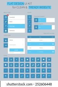 Style flat ui kit design elements for web design with cool menu. Flat icons login, iu kit, chat box, input and menu bar. Every element for webdesign template.