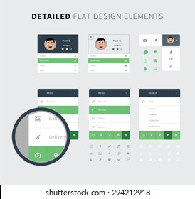 Style flat ui kit design elements set for web design. Flat icons with menu, search bar, social bar in green color. Every element for webdesign and mobile design.